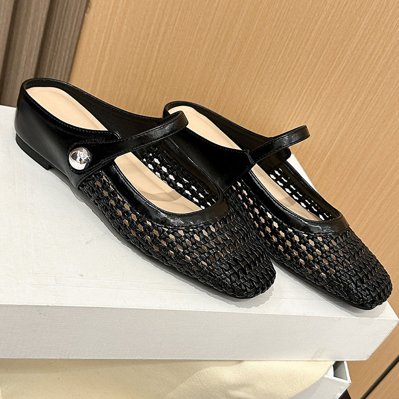 Square-toed, Mary Jane style woven women's shoes
