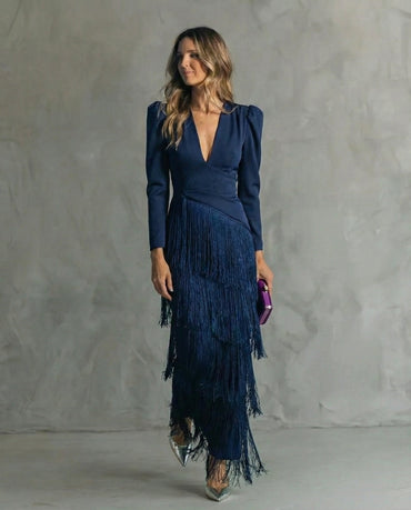 Clara™ | Elegant midi dress with fringe sleeves