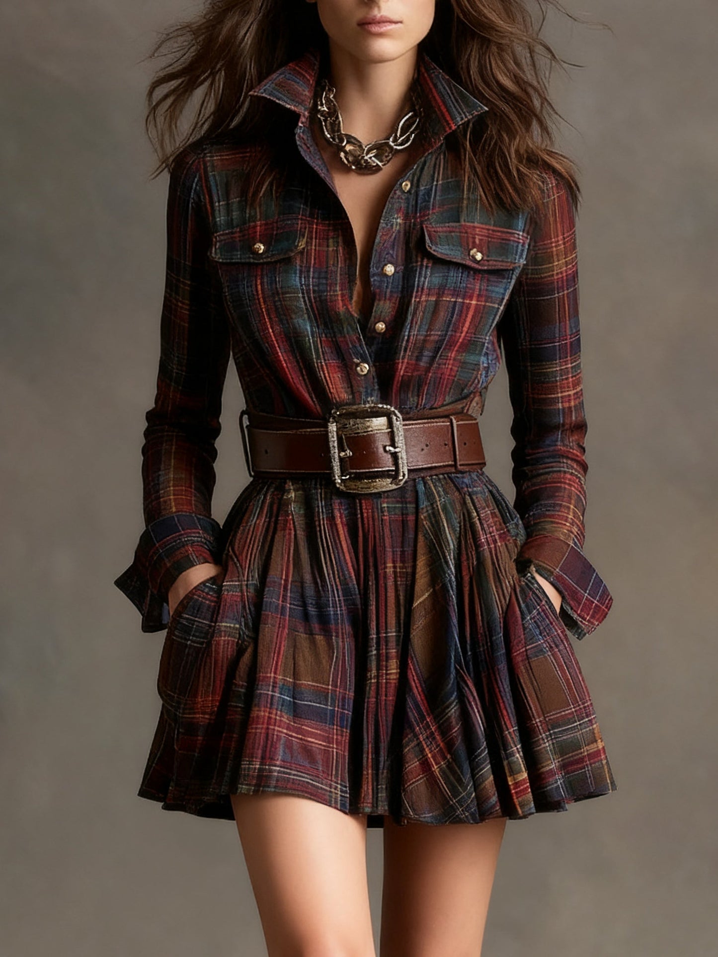 Vintage Collar Red and Brown Checked Mini Dress (Includes Belt)