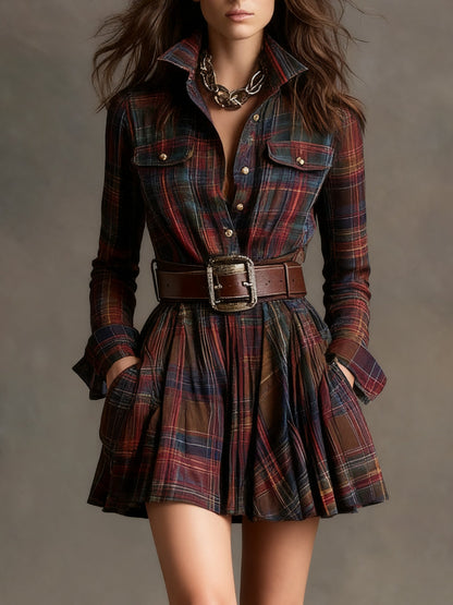 Vintage Collar Red and Brown Checked Mini Dress (Includes Belt)